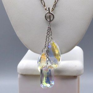 Faceted Crystal Triple Pendant Necklace, Silver Tone Vintage Chain Links